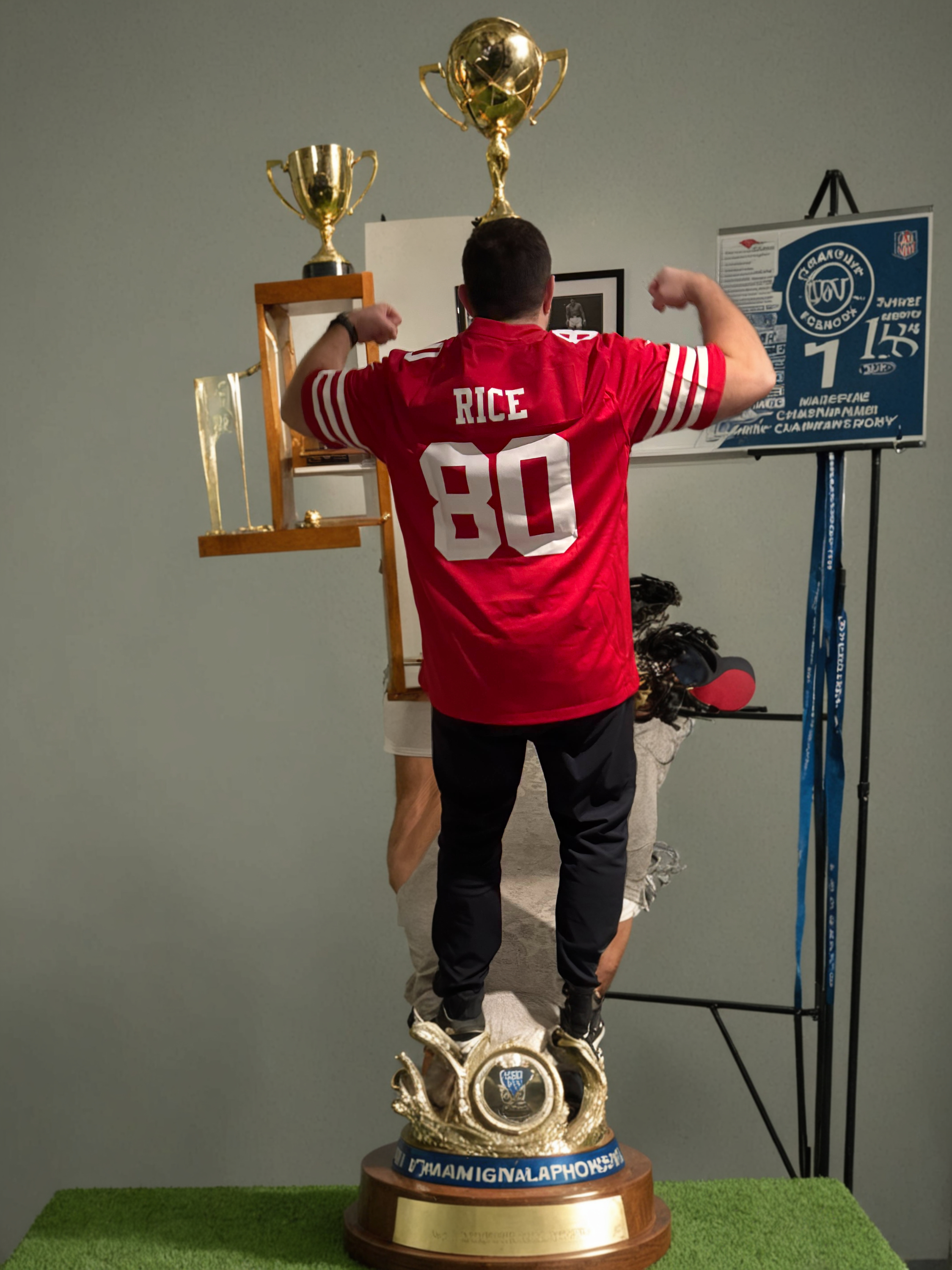 2024 league champion posing with a jersey and league trophies